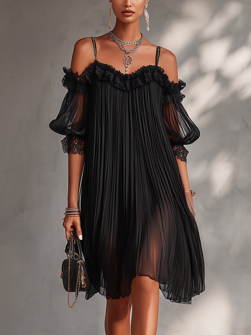 J.Crew | Robe trapèze noire en mousseline de soie à épaules dénudées avec bordure en dentelle