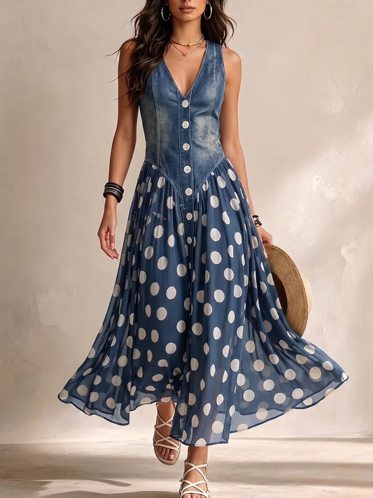 J.Crew | Elegantes Denim-Optik Kleid mit Polka-Dot-Chiffonrock & Knopfleiste